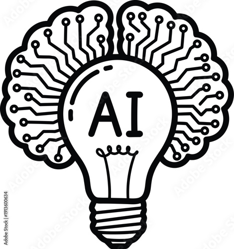 Illustration of a lightbulb with AI lettering surrounded by circuit board design representing artificial intelligence and innovation