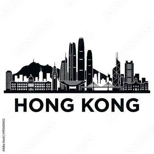 Hong kong skyline illustration with mountains and text below
