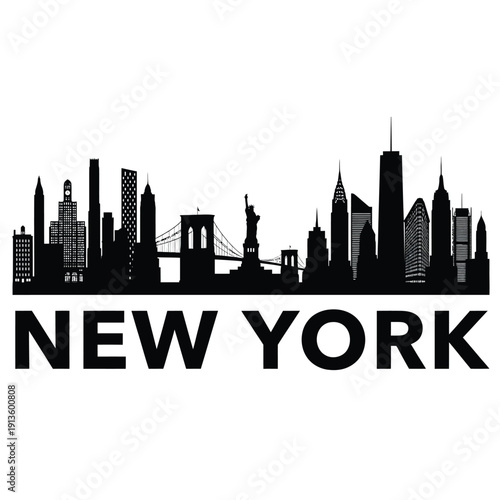 Silhouetted skyline of new york city with landmark buildings and text