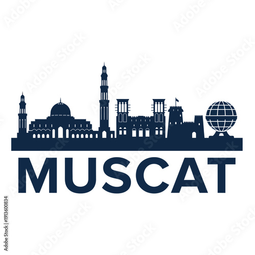 Muscat cityscape silhouette with landmarks and a global sphere illustration