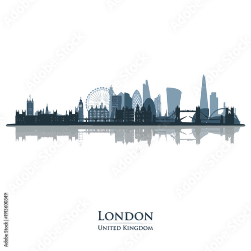 A silhouetted skyline of london united kingdom with a mirrored reflection