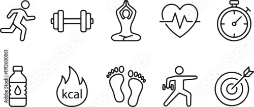 Health and fitness lifestyle icons set vector illustration flat design scalable graphic for wellness apps and nutrition guides