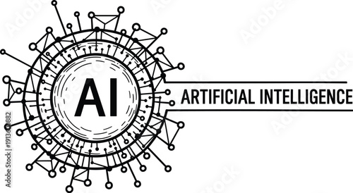 Illustration of artificial intelligence concept with neural network and circuitry