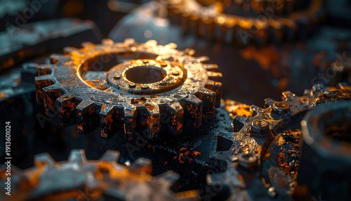 A FlyPro_Firefly close-up photographic capture showing weathered metal gears seized together with striking corrosion, illuminated by sharp focused lighting.