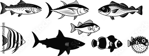 Marine fish silhouette set with shark, tuna, trout, tropical angelfish, clownfish, and puffer fish for seafood market and ocean nature designs