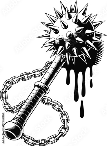 Medieval flail weapon vector illustration, fantasy design with spiked ball, dripping liquid artwork, and dark edgy graphics