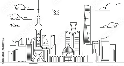 Shanghai skyline vector illustration, Oriental Pearl Tower, modern skyscrapers, classical buildings, cityscape artwork, and architectural graphics