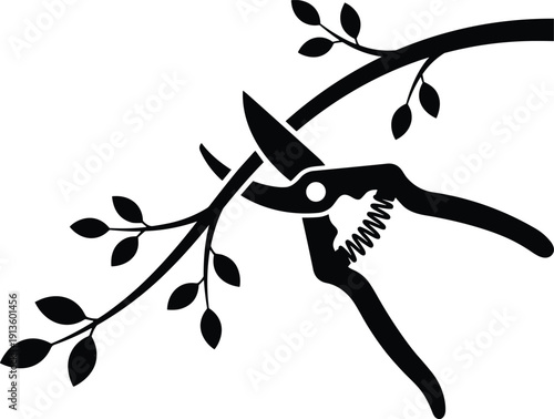 Pruning shears silhouette vector illustration, gardening tool cutting leafy branch design for horticulture, plant care, and eco artwork