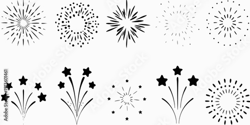 Black and white illustration of various firework and starburst shapes