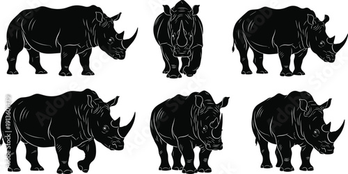Rhinoceros silhouette set featuring African rhino in various walking and standing poses for wildlife conservation and safari nature park design, cad drawing flat vector illustration