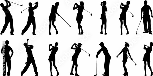 Silhouettes of golfers in various swing positions against a white background