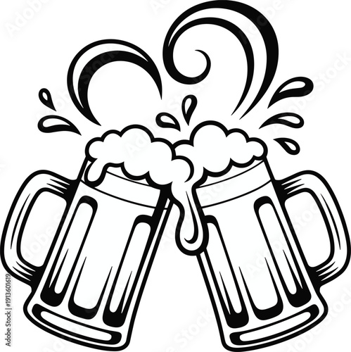 Beer mugs clinking silhouette vector illustration, festive celebration design with foam splash, party artwork, and social gathering graphics
