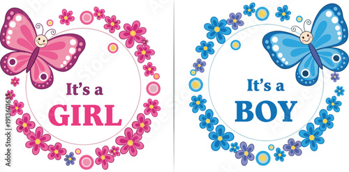 Set of It's a Girl and It's a Boy Gender Reveal Baby Shower Announcement Badges with Cute Pink and Blue Butterflies and Floral Wreaths
