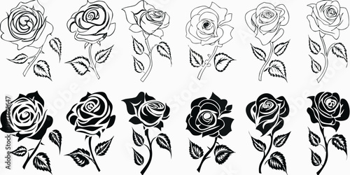 Collection of black and white rose illustrations in varying styles