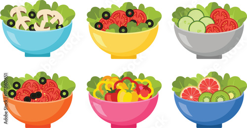 Set of Six Colorful Salad Bowls with Fresh Green Lettuce Tomatoes Cucumbers Mushrooms and Olives for Healthy Vegetarian Nutrition and Clean Eating Meal Concept