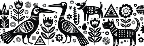 Scandinavian folk art pattern with decorative birds, dogs, floral motifs, and geometric shapes for Nordic ethnic textile and wallpaper designs, cad drawing flat vector illustration