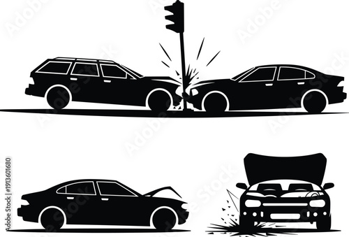 Car accident silhouette vector illustration set, head-on collision, rear-end crash, traffic safety artwork, and insurance awareness graphics