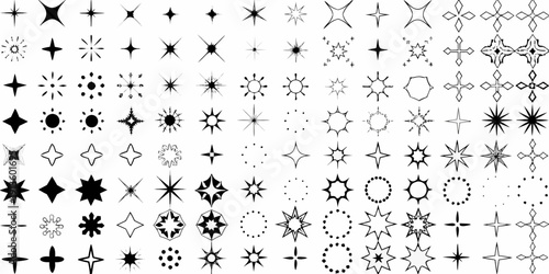Collection of diverse black starburst and floral like design elements