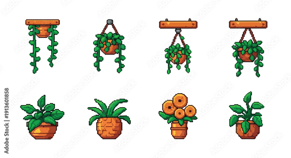 Fototapeta premium This vector displays a charming set of eight pixel art illustrations of diverse potted plants, including both tabletop and hanging varieties.