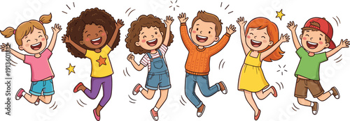 Children celebration cartoon vector illustration, joyful kids jumping with raised arms, playful festive artwork, and happy childhood graphics