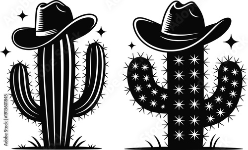 Cowboy cactus vector illustration set, whimsical desert plant design with hats, cartoon artwork, and playful Western graphics