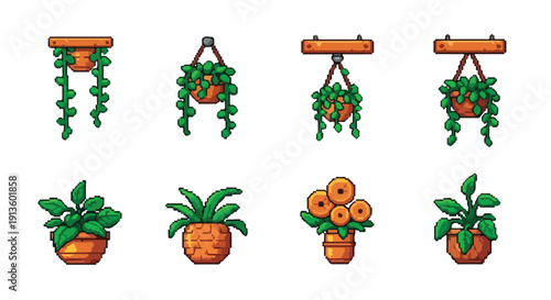 This vector displays a charming set of eight pixel art illustrations of diverse potted plants, including both tabletop and hanging varieties.