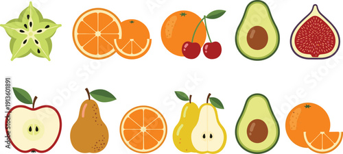 Set of Twelve Fresh Fruit Icons Including Apple Pear Orange Avocado Fig Cherry and Starfruit Isolated on White Background for Healthy Eating and Nutrition Design