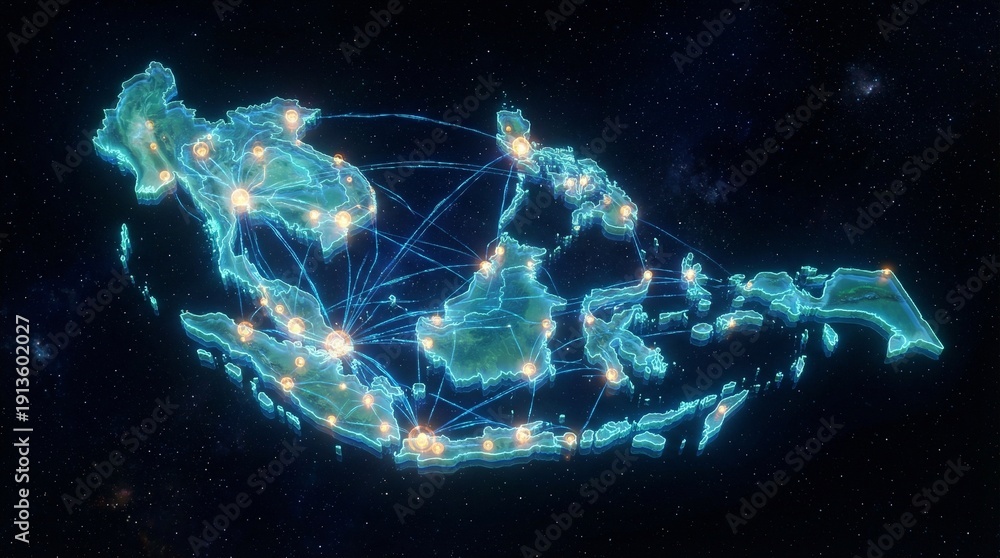 Obraz premium Futuristic digital Southeast Asia connectivity map