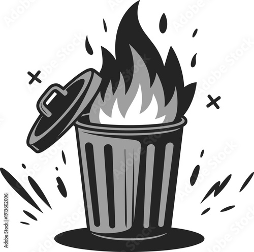 Dumpster fire vector illustration, chaotic trash can design with flames, metaphorical artwork, and satirical edgy graphics