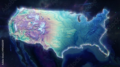 Futuristic glowing topographic United States map