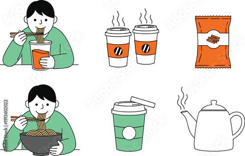Man Eating Instant Noodles with Coffee Cups Snack Pack and Teapot Flat Line Vector Icon Collection
