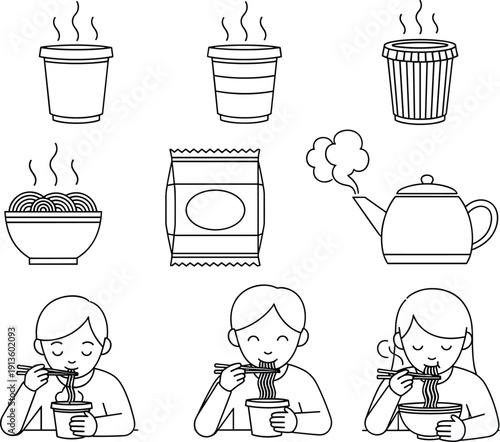 People Eating Instant Noodles with Hot Coffee Cups Snack Pack and Teapot Outline Vector Icon Set