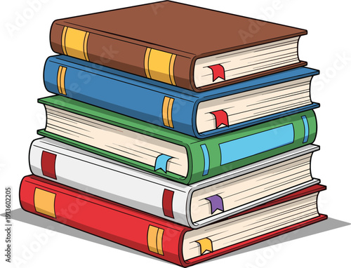 Stack of colorful hardcover books with bookmarks on white background isolated illustration for education learning library literature and back to school academic concepts
