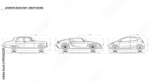 Automotive design sketches showing different car models.