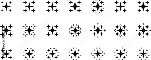 Progressive star icon grid showing central star surrounded by increasing smaller stars, visual transformation of complexity across three rows