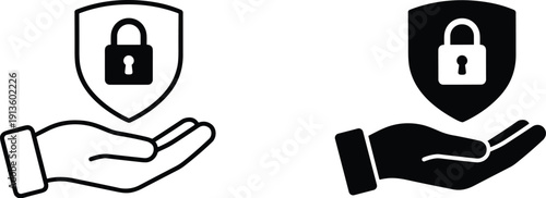 Hand holding shield icons with padlock symbols in outlined and filled styles representing cybersecurity, privacy, secure access, and protection concepts