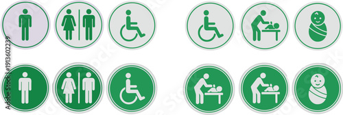 Public restroom and facility icons set featuring men, women, unisex, wheelchair accessibility, baby changing station, nursery, gray and green backgrounds