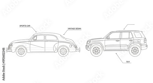 Automotive engineering blueprint drawings of two vehicles.