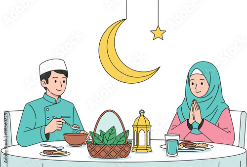 Muslim Couple Having Iftar Dinner with Traditional Food Lantern Crescent Moon Ramadan Flat Vector Illustration