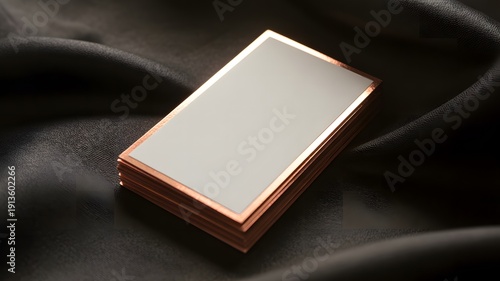 Stack of blank copper business cards on elegant black fabric