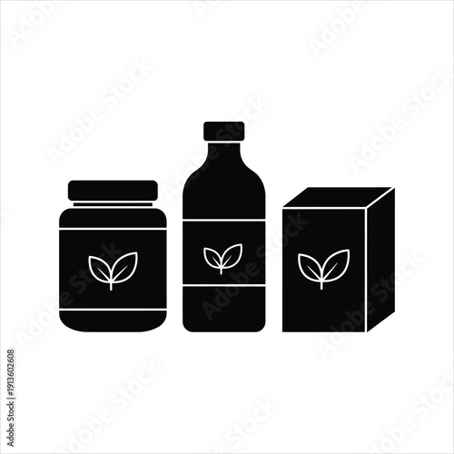 A collection of black silhouette icons representing natural health and wellness products, including a jar, bottle, and box.