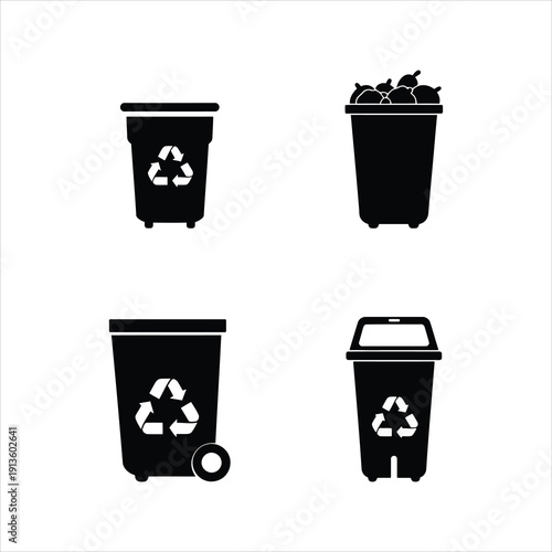 Four different types of recycling bins and trash cans with the recycling symbol are displayed in silhouette.