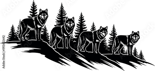 Wolf pack silhouette set in pine forest nature woodland landscape with wild animals trees wilderness outdoors park botanical vegetation collection