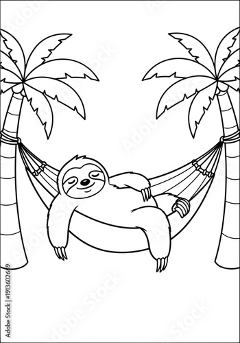Cute Sloth Relaxing in Hammock Between Palm Trees Tropical Coloring Page Vector Outline Illustration
