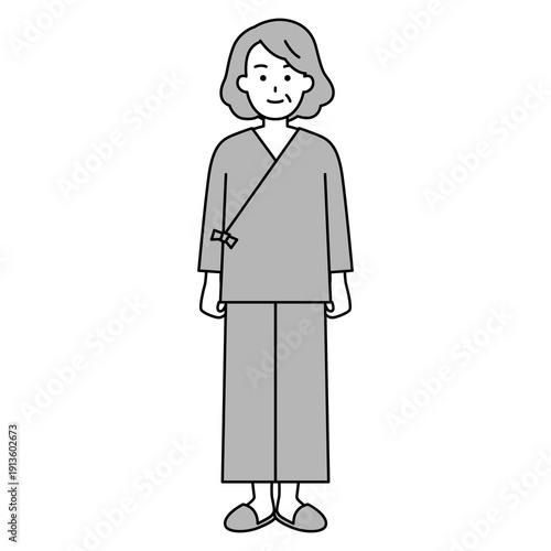 病院の検査着の年配の女性（全身）