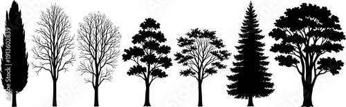 Diverse tree silhouette set with pine, oak, and cypress, cad drawing flat vector illustration for nature landscape and environmental design