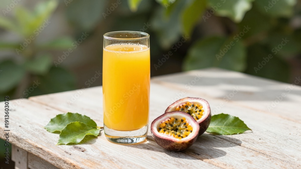 Fototapeta premium A tall glass of fresh passion fruit juice on a rustic wooden table with halved fruit and green leaves in a sunny outdoor setting capturing natural beauty and authentic wellness moments.