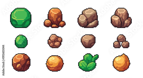 Twelve distinct pixel art sprites showcasing various textured rocks, organic shapes, and natural objects in an earthy palette.