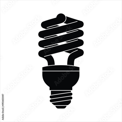 A black and white silhouette of a compact fluorescent light bulb on a white background