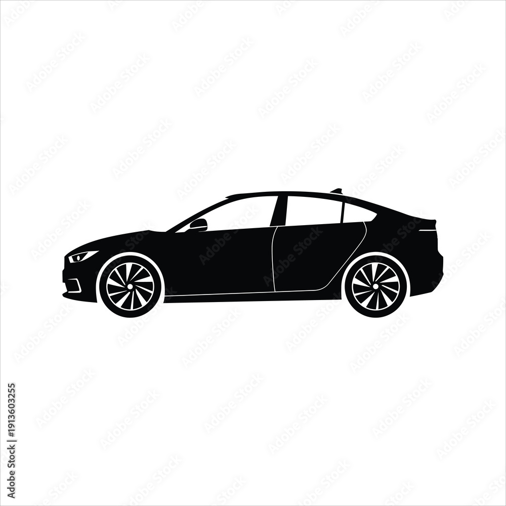 Fototapeta premium A sleek black sedan car silhouette with detailed rims and a shark fin antenna on a white background